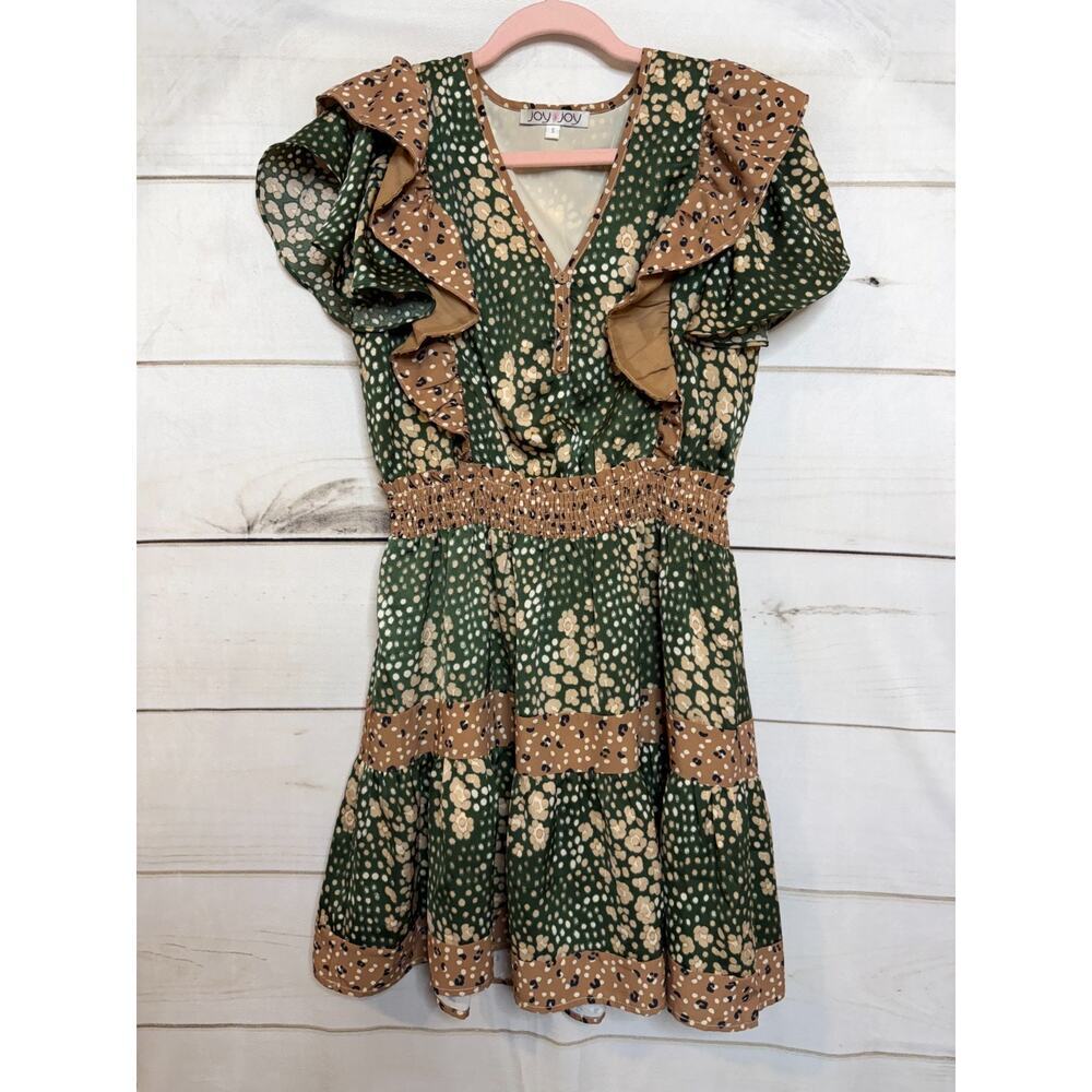 Joy Joy Dress Size SM Ruffles‎ Green Beige Print Rouched Waist